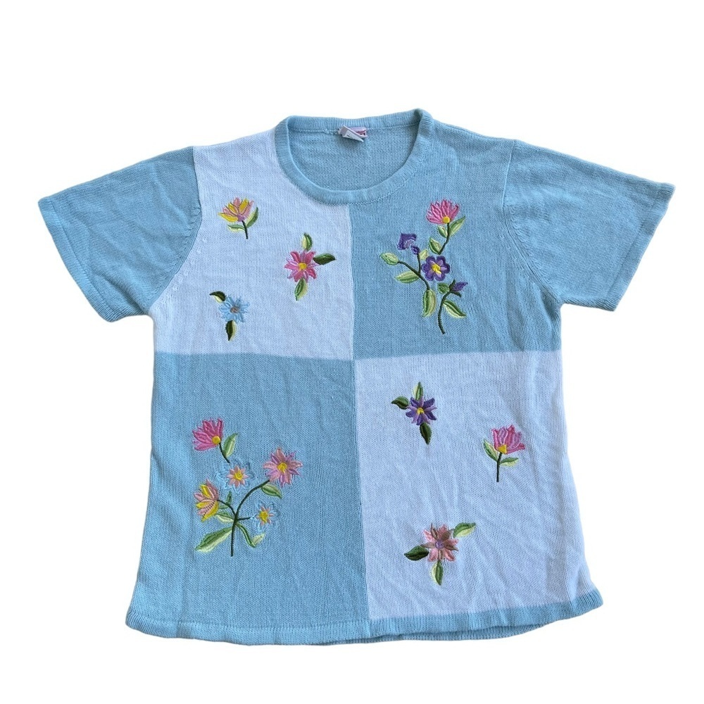 Vintage American Sweetheart Floral Embroidered Knit Sweater Top Large